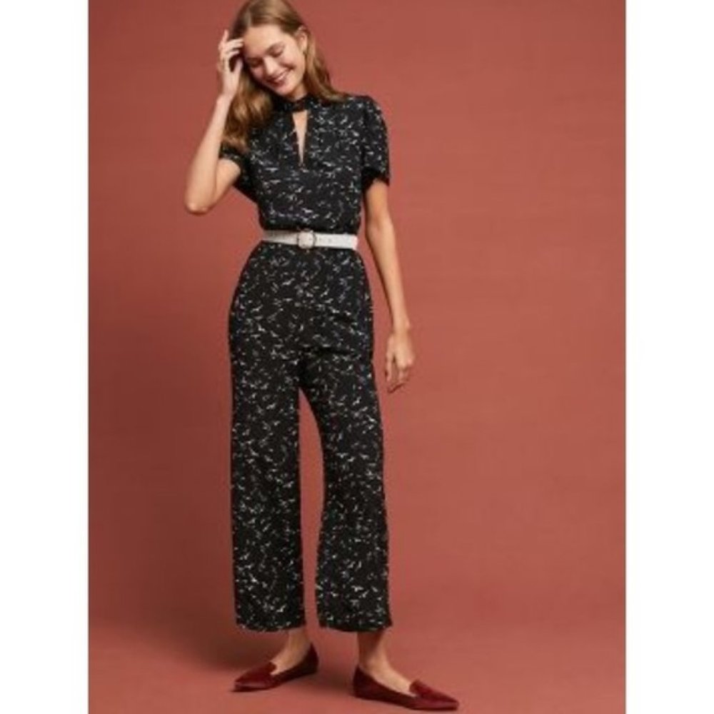 Anthropologie Black Bird Print Jumpsuit